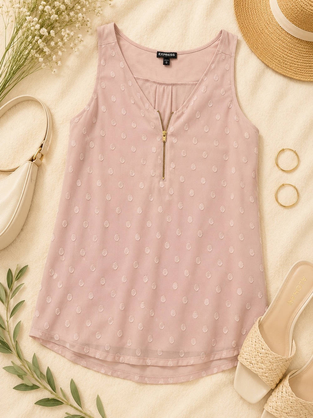 Express Blush Pink Swiss Dot Tank Top Zip Front Size Medium